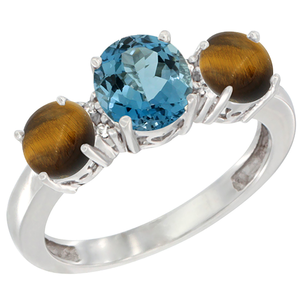 10K White Gold Round 3-Stone Natural London Blue Topaz Ring &amp; Tiger Eye Sides Diamond Accent, sizes 5 - 10