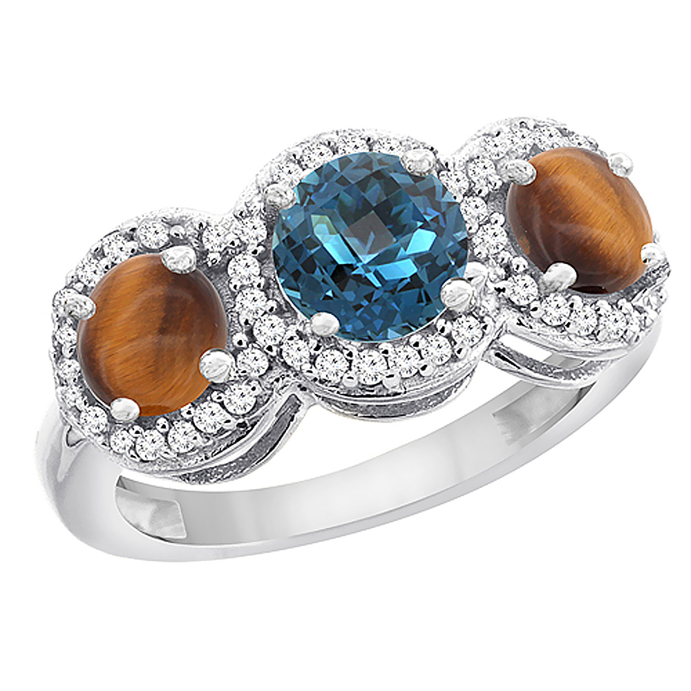 14K White Gold Natural London Blue Topaz & Tiger Eye Sides Round 3-stone Ring Diamond Accents, sizes 5 - 10