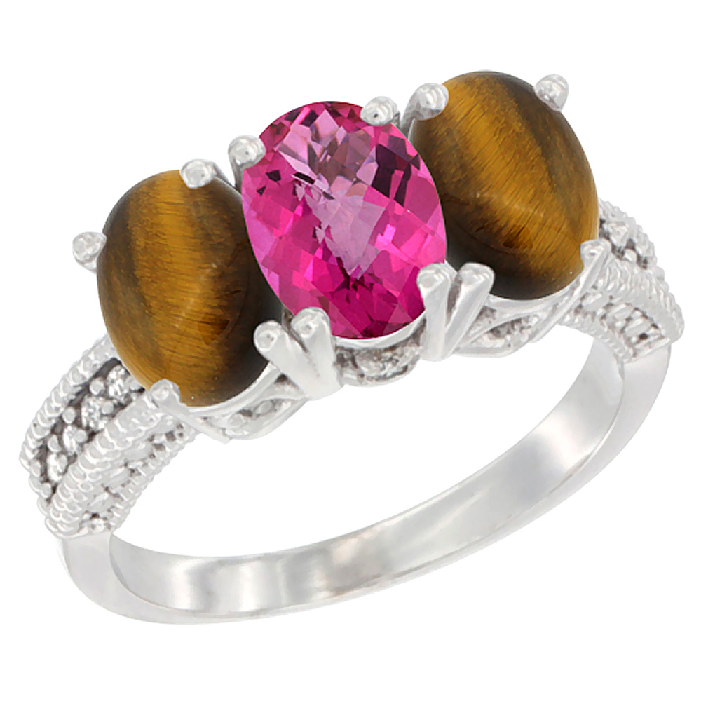 10K White Gold Diamond Natural Pink Topaz &amp; Tiger Eye Ring 3-Stone 7x5 mm Oval, sizes 5 - 10