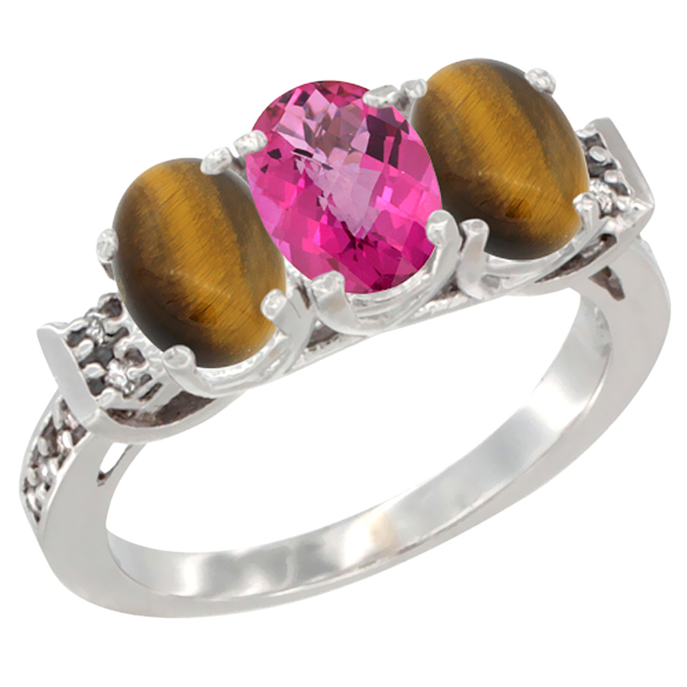 10K White Gold Natural Pink Topaz & Tiger Eye Sides Ring 3-Stone Oval 7x5 mm Diamond Accent, sizes 5 - 10