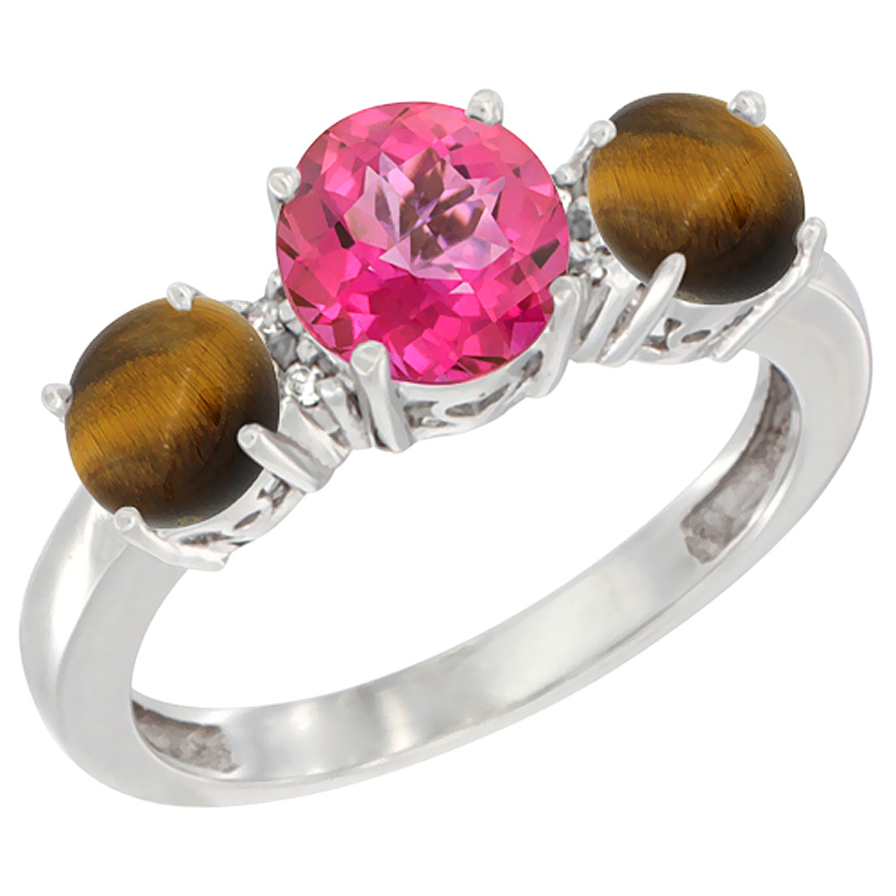 10K White Gold Round 3-Stone Natural Pink Topaz Ring & Tiger Eye Sides Diamond Accent, sizes 5 - 10
