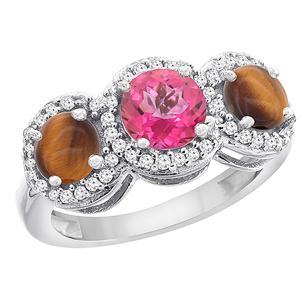 10K White Gold Natural Pink Topaz &amp; Tiger Eye Sides Round 3-stone Ring Diamond Accents, sizes 5 - 10