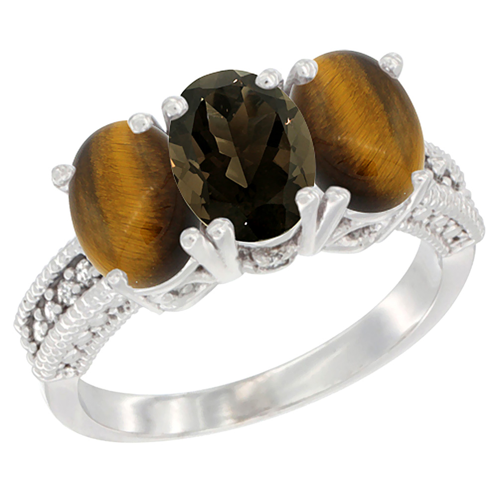 10K White Gold Diamond Natural Smoky Topaz & Tiger Eye Ring 3-Stone 7x5 mm Oval, sizes 5 - 10