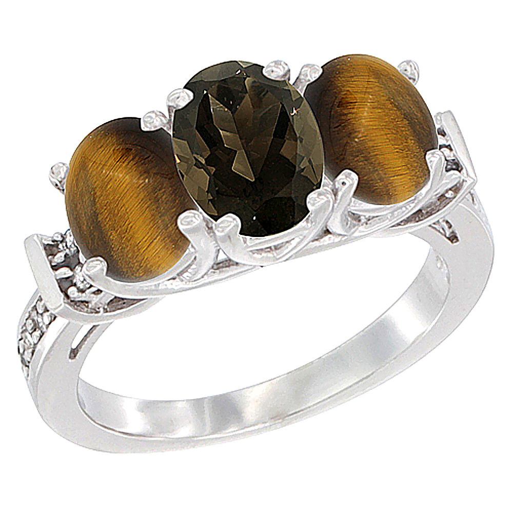 14K White Gold Natural Smoky Topaz & Tiger Eye Sides Ring 3-Stone Oval Diamond Accent, sizes 5 - 10