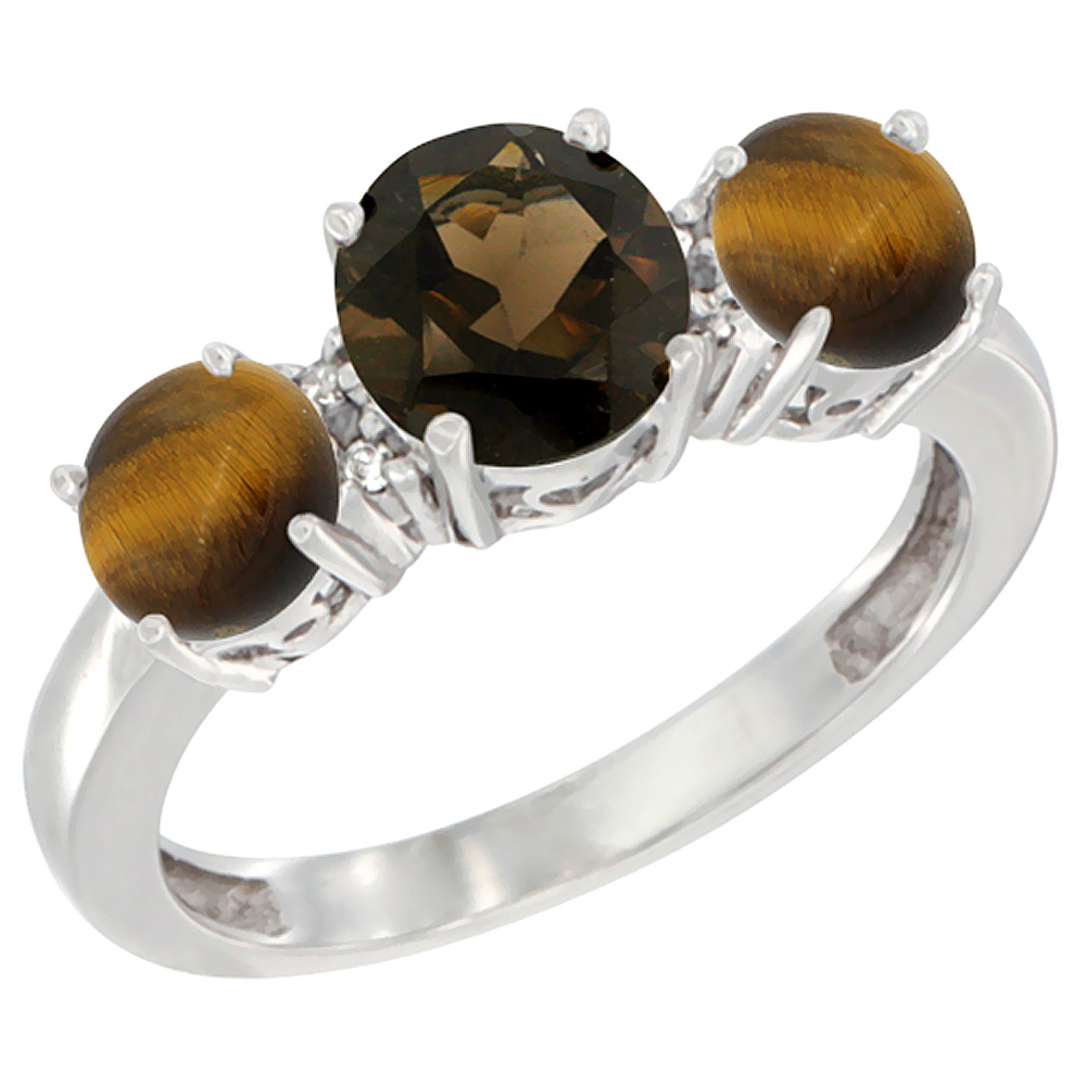 10K White Gold Round 3-Stone Natural Smoky Topaz Ring & Tiger Eye Sides Diamond Accent, sizes 5 - 10