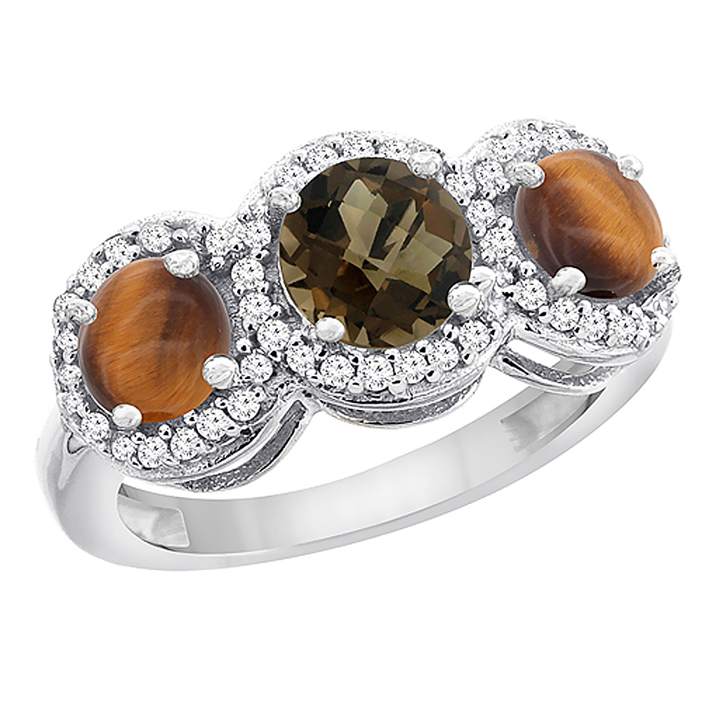 10K White Gold Natural Smoky Topaz & Tiger Eye Sides Round 3-stone Ring Diamond Accents, sizes 5 - 10