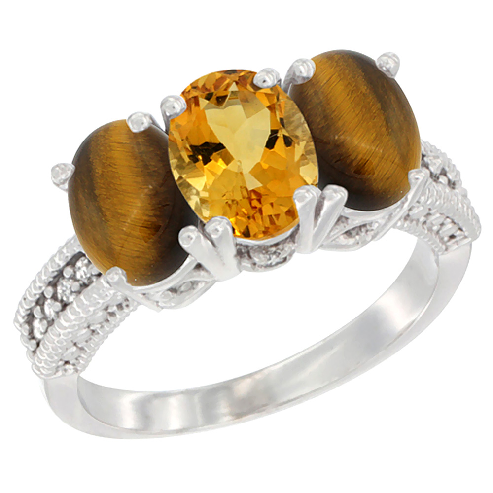 14K White Gold Natural Citrine & Tiger Eye Sides Ring 3-Stone 7x5 mm Oval Diamond Accent, sizes 5 - 10