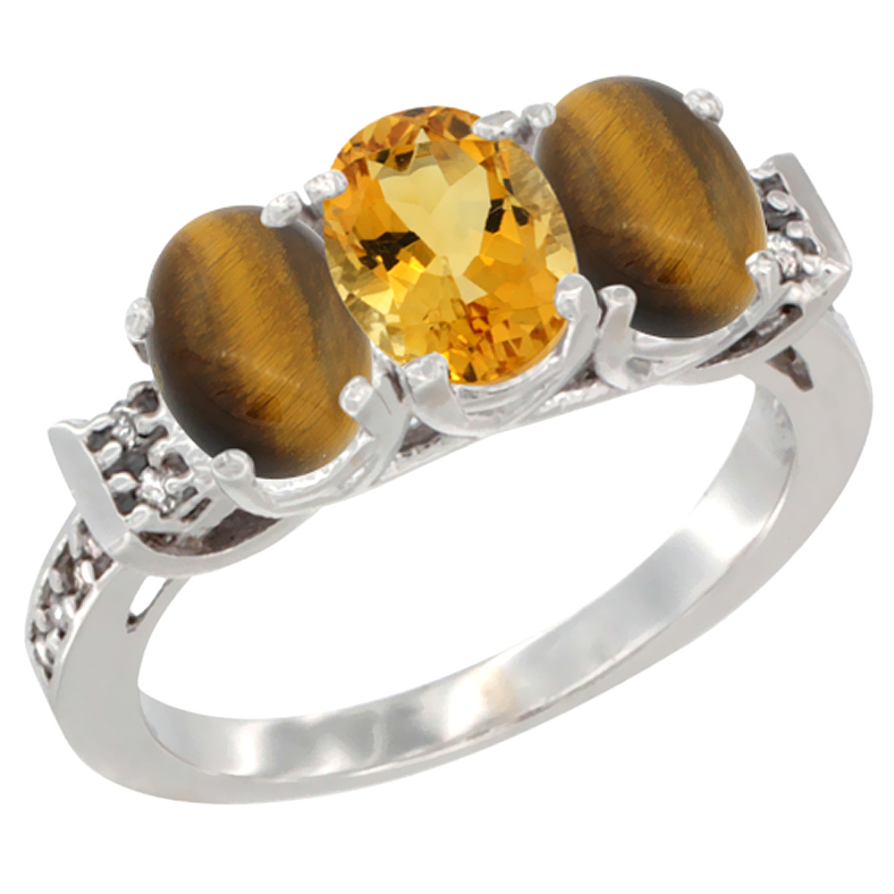 14K White Gold Natural Citrine & Tiger Eye Sides Ring 3-Stone Oval 7x5 mm Diamond Accent, sizes 5 - 10