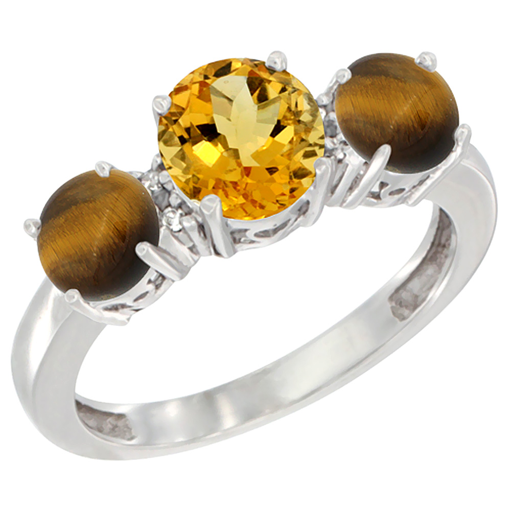 10K White Gold Round 3-Stone Natural Citrine Ring &amp; Tiger Eye Sides Diamond Accent, sizes 5 - 10