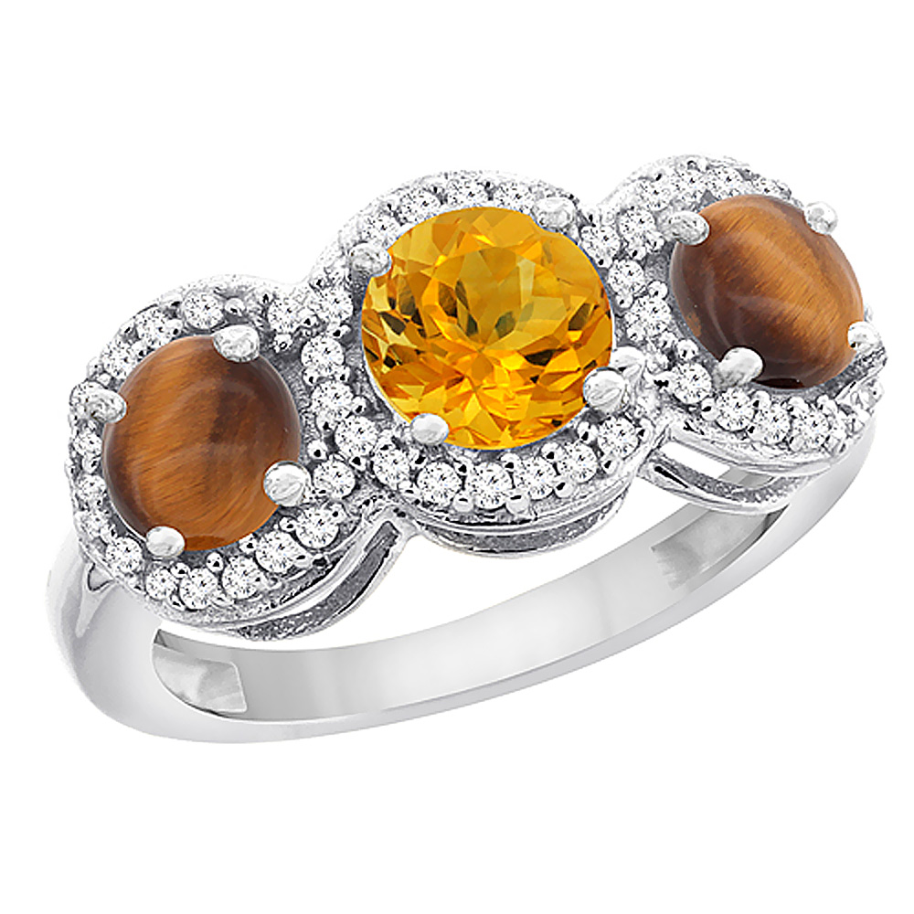 10K White Gold Natural Citrine &amp; Tiger Eye Sides Round 3-stone Ring Diamond Accents, sizes 5 - 10