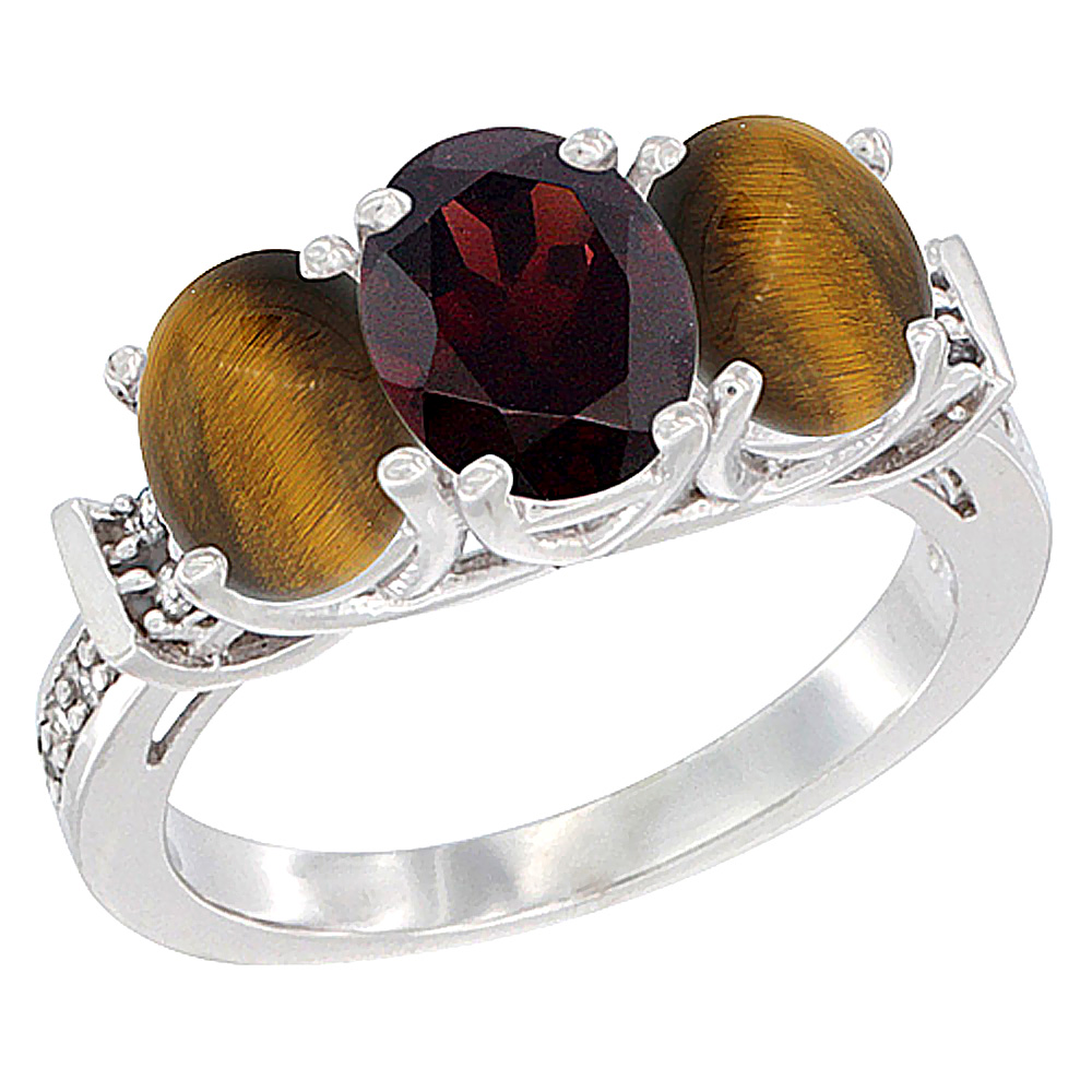 10K White Gold Natural Garnet & Tiger Eye Sides Ring 3-Stone Oval Diamond Accent, sizes 5 - 10