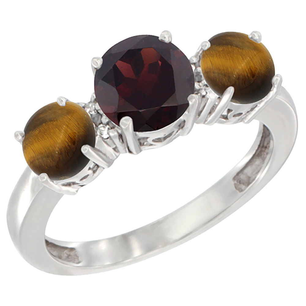 10K White Gold Round 3-Stone Natural Garnet Ring &amp; Tiger Eye Sides Diamond Accent, sizes 5 - 10