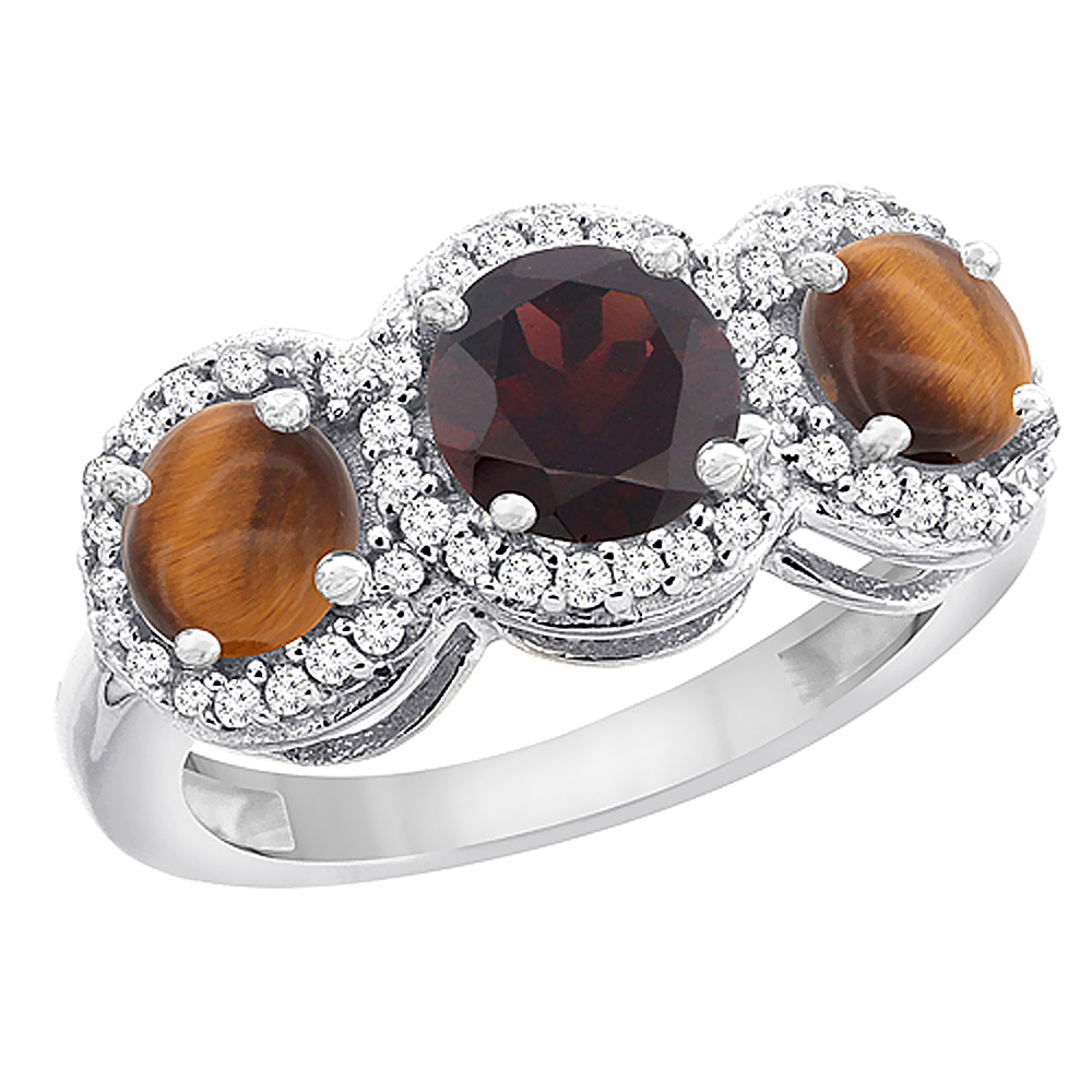 10K White Gold Natural Garnet &amp; Tiger Eye Sides Round 3-stone Ring Diamond Accents, sizes 5 - 10