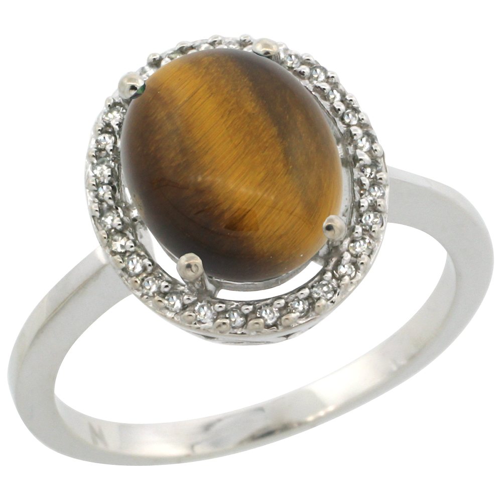 10K White Gold Diamond Halo Natural Tiger Eye Engagement Ring Oval 10x8 mm, sizes 5 10