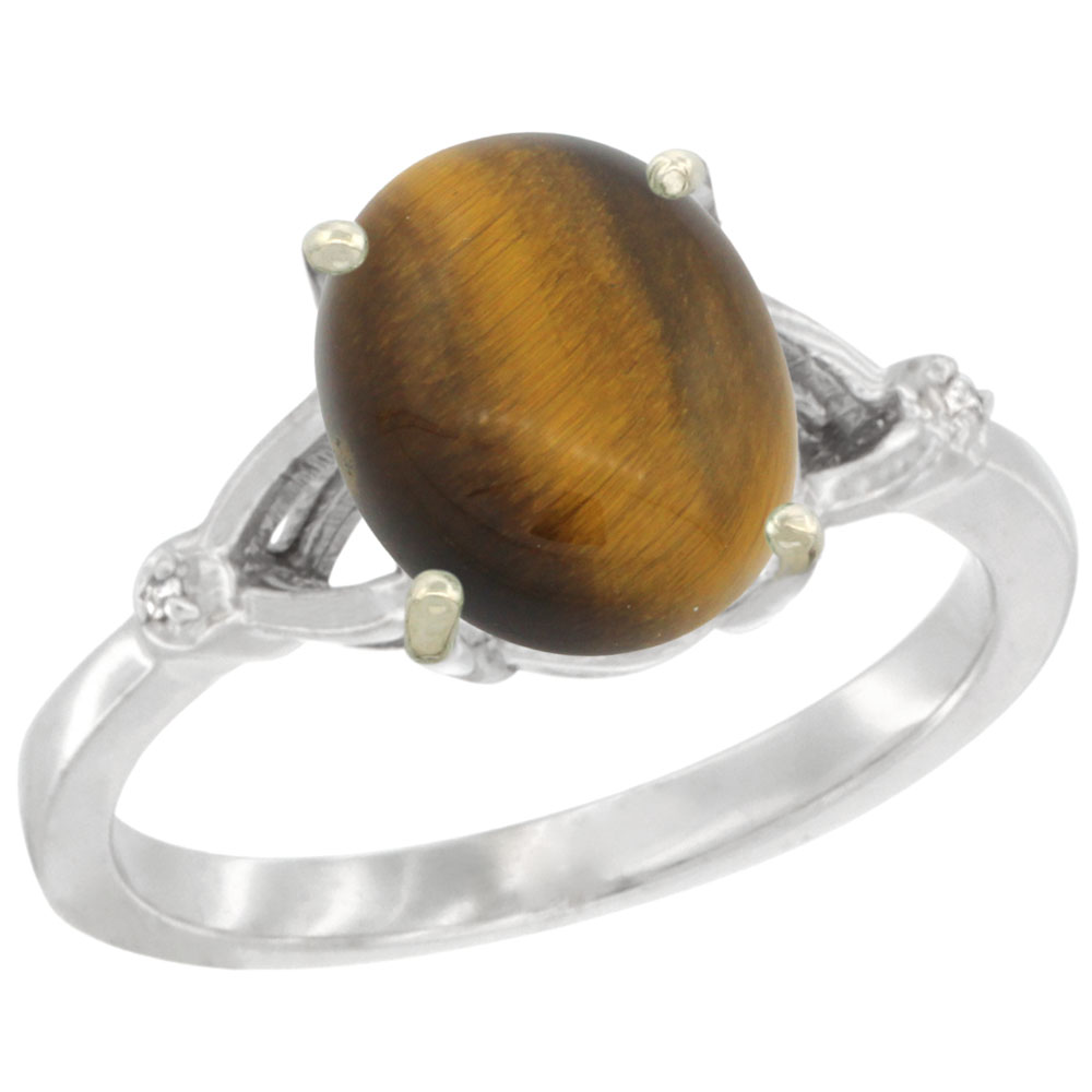 14K WHITE GOLD SIMPLE LARGE 4 PRONG 10X8MM OVAL TIGER EYE ENGAGEMENT RING FOR WOMEN 3/8 INCH WIDE SIZES 6-10