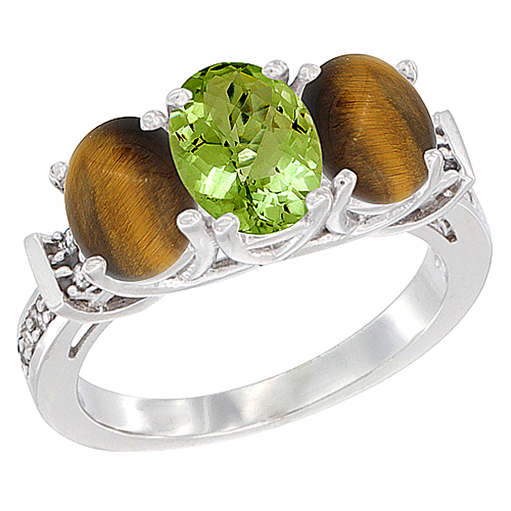 10K White Gold Natural Peridot & Tiger Eye Sides Ring 3-Stone Oval Diamond Accent, sizes 5 - 10