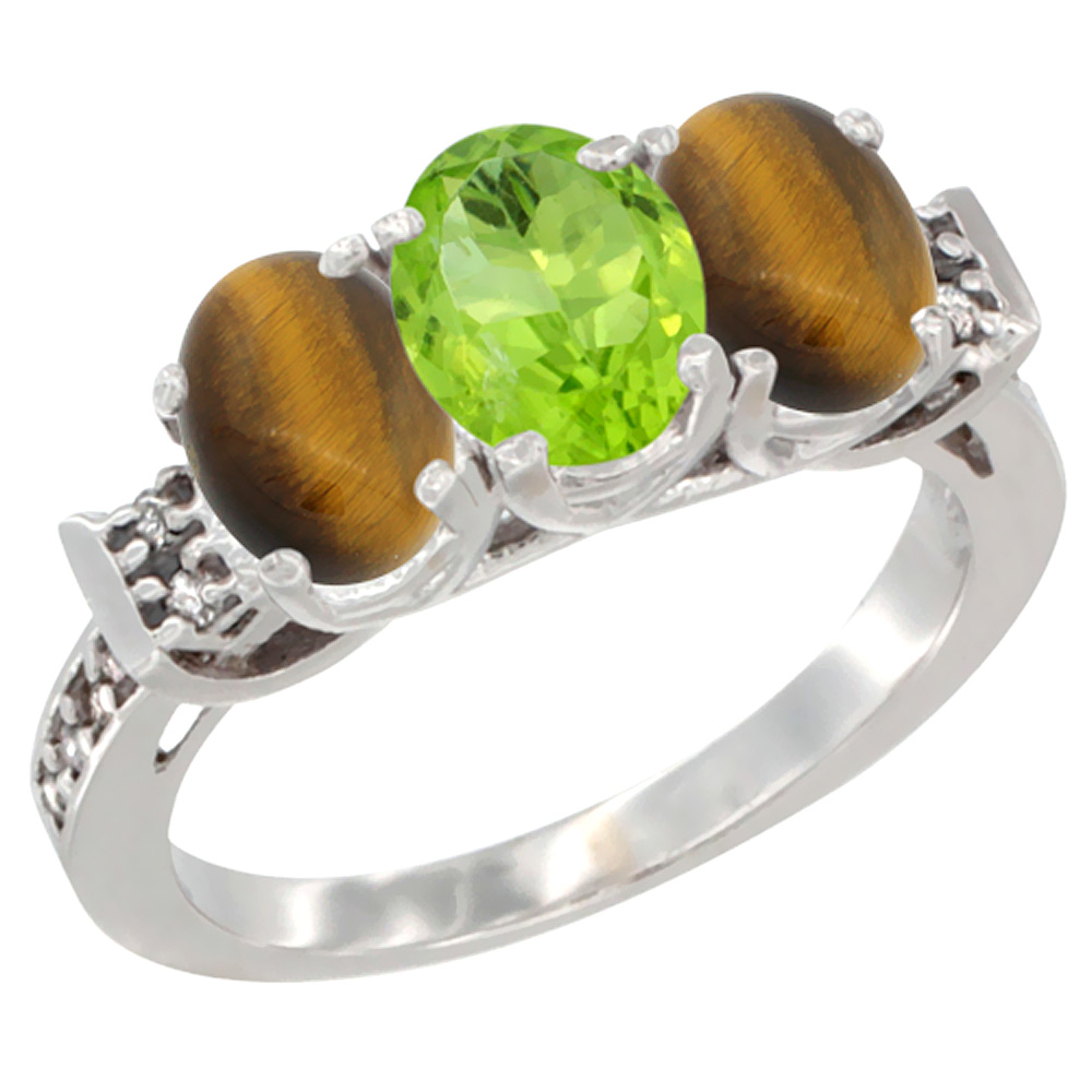 14K White Gold Natural Peridot &amp; Tiger Eye Sides Ring 3-Stone Oval 7x5 mm Diamond Accent, sizes 5 - 10