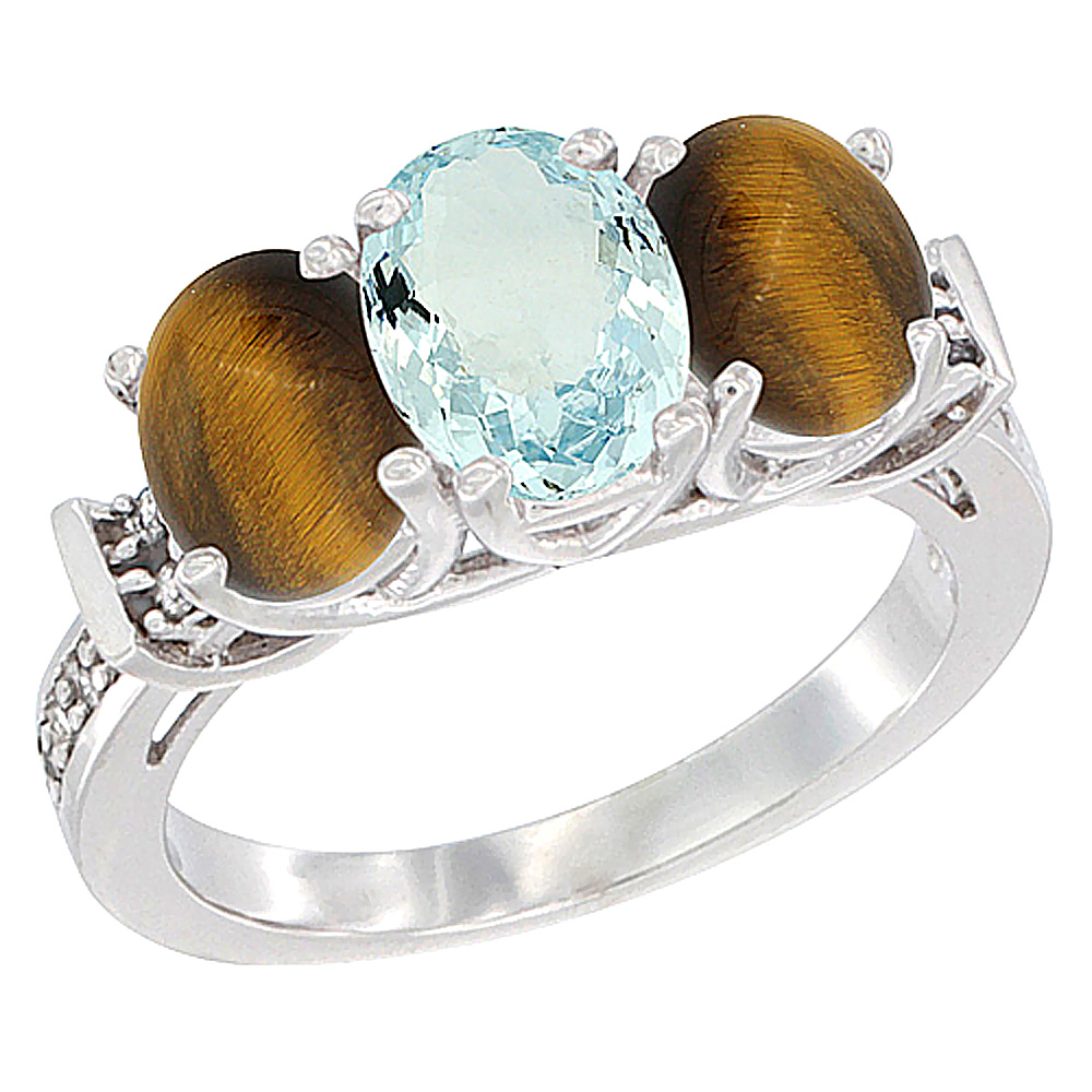 14K White Gold Natural Aquamarine &amp; Tiger Eye Sides Ring 3-Stone Oval Diamond Accent, sizes 5 - 10