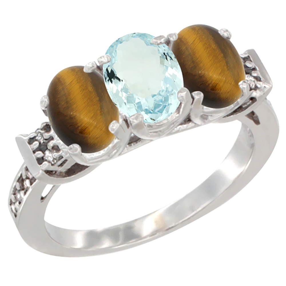 14K White Gold Natural Aquamarine & Tiger Eye Sides Ring 3-Stone Oval 7x5 mm Diamond Accent, sizes 5 - 10