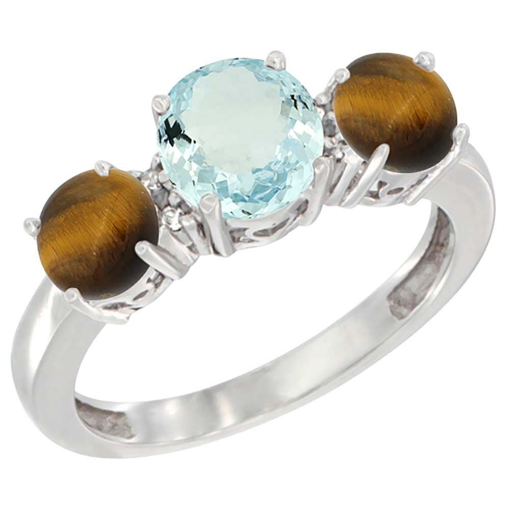 14K White Gold Round 3-Stone Natural Aquamarine Ring & Tiger Eye Sides Diamond Accent, sizes 5 - 10
