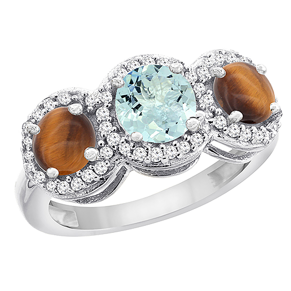 10K White Gold Natural Aquamarine &amp; Tiger Eye Sides Round 3-stone Ring Diamond Accents, sizes 5 - 10