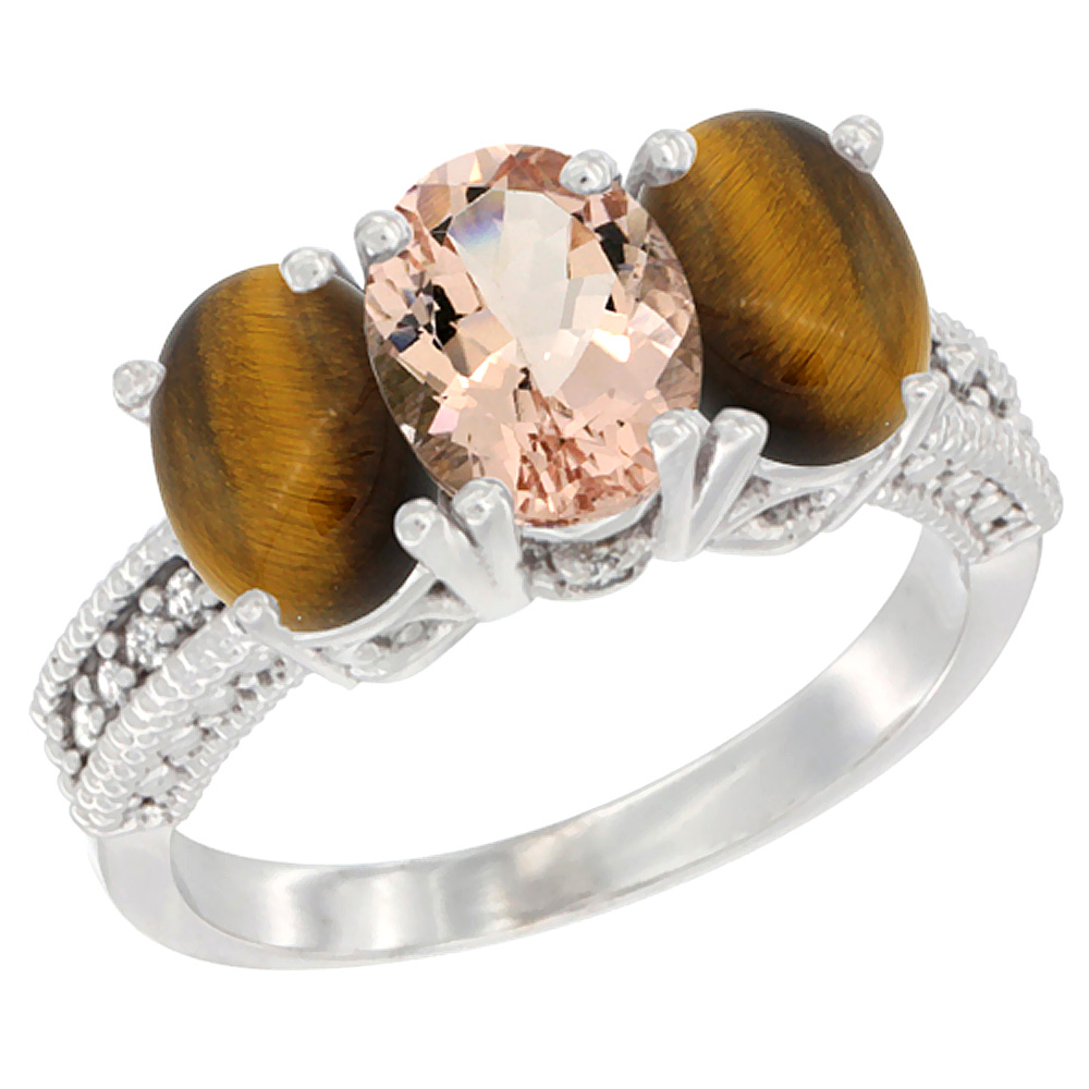 14K White Gold Natural Morganite & Tiger Eye Sides Ring 3-Stone 7x5 mm Oval Diamond Accent, sizes 5 - 10