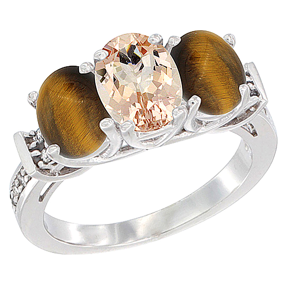 14K White Gold Natural Morganite &amp; Tiger Eye Sides Ring 3-Stone Oval Diamond Accent, sizes 5 - 10