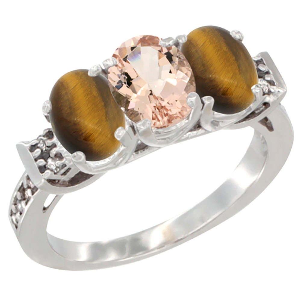 10K White Gold Natural Morganite & Tiger Eye Sides Ring 3-Stone Oval 7x5 mm Diamond Accent, sizes 5 - 10