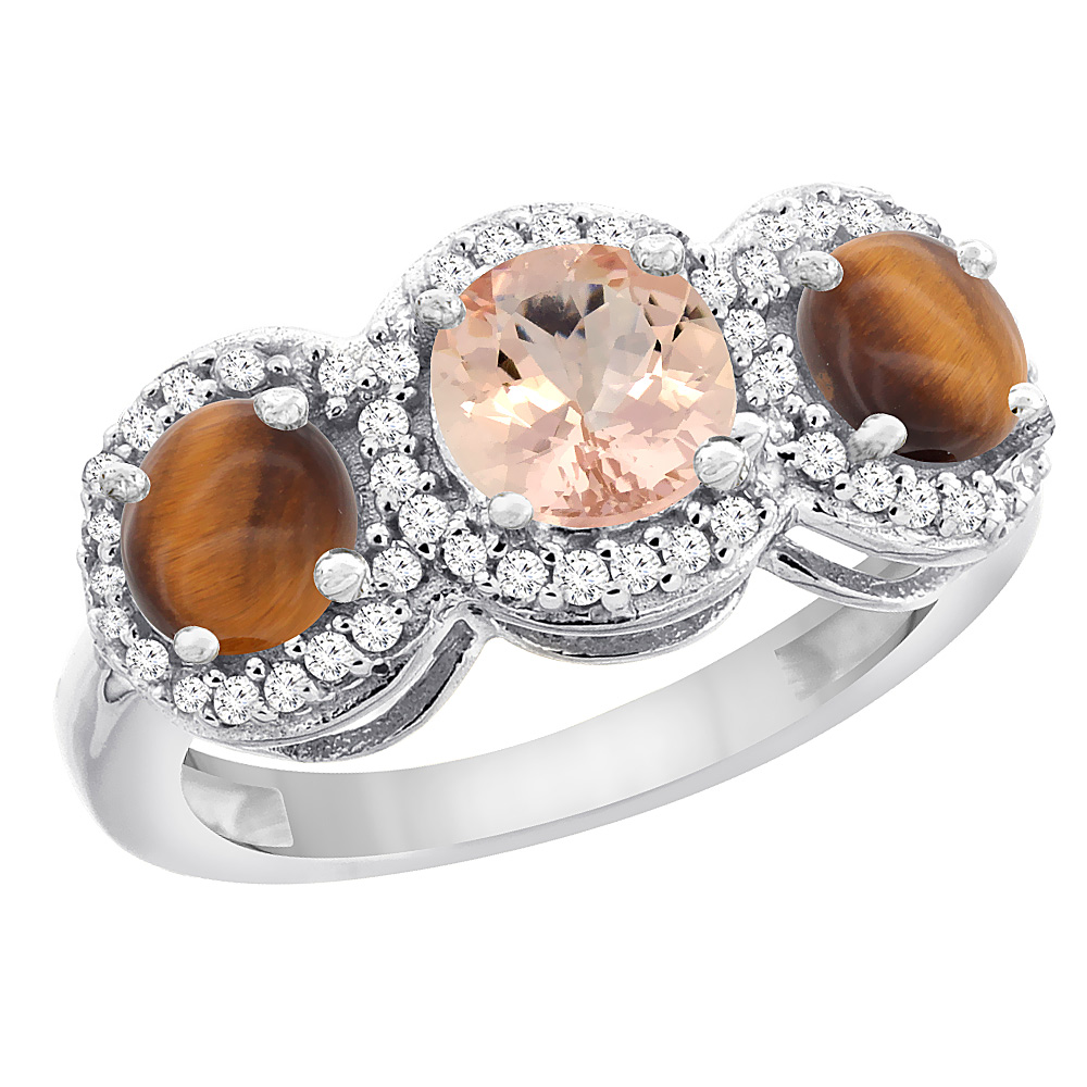 14K White Gold Natural Morganite & Tiger Eye Sides Round 3-stone Ring Diamond Accents, sizes 5 - 10