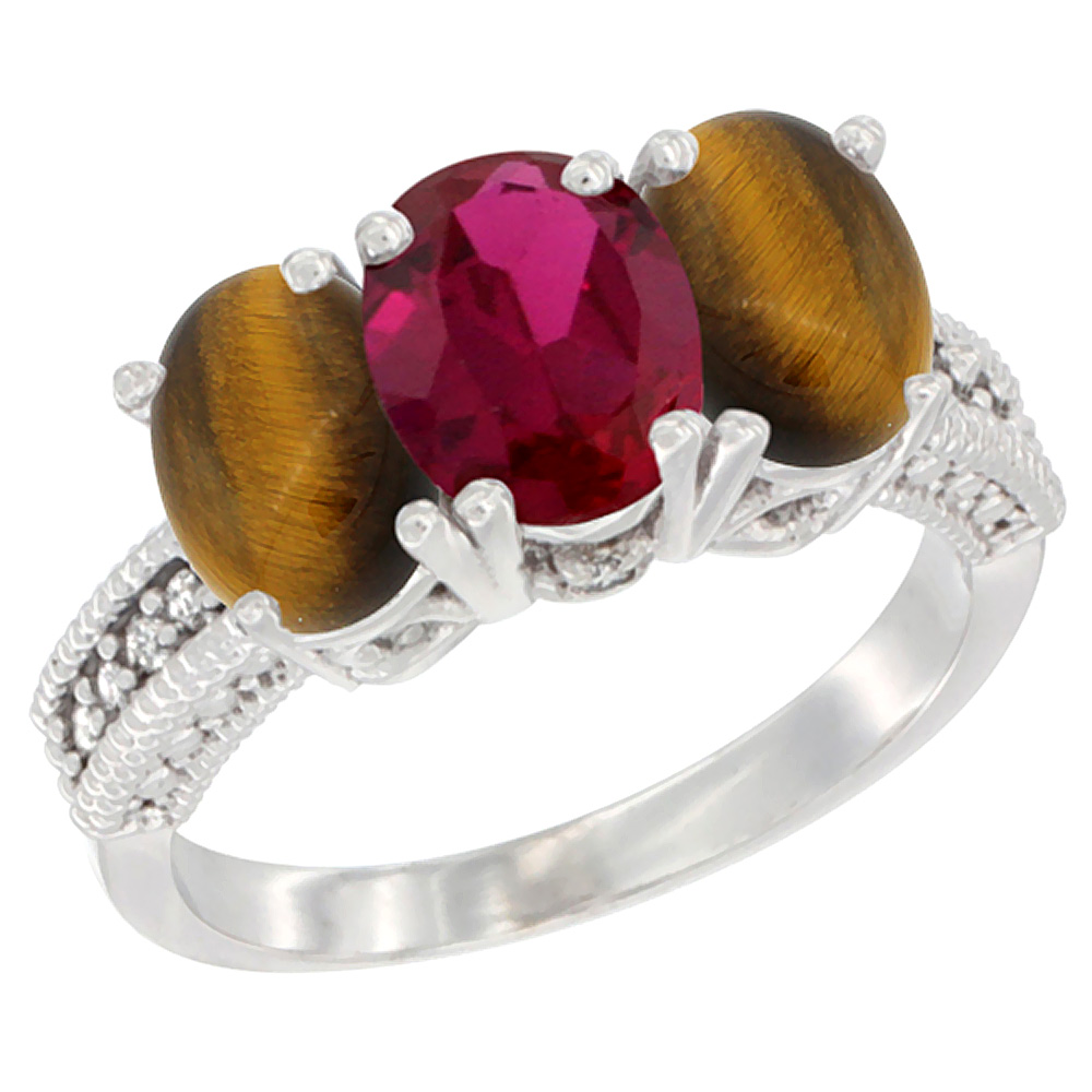 14K White Gold Enhanced Ruby & Natural Tiger Eye Sides Ring 3-Stone 7x5 mm Oval Diamond Accent, sizes 5 - 10