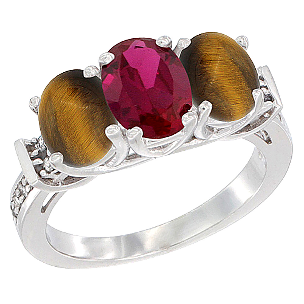 14K White Gold Natural High Quality Ruby &amp; Tiger Eye Sides Ring 3-Stone Oval Diamond Accent, sizes 5 - 10