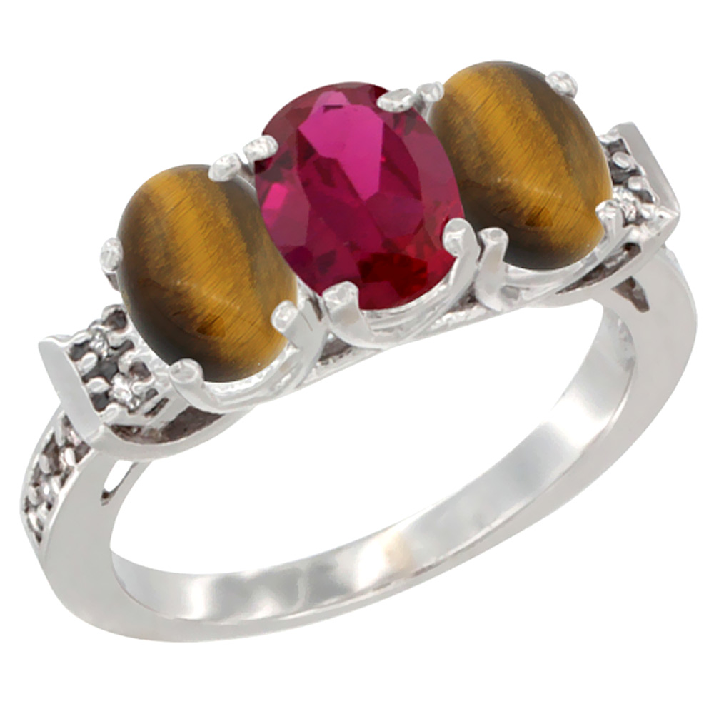 14K White Gold Enhanced Ruby & Natural Tiger Eye Sides Ring 3-Stone Oval 7x5 mm Diamond Accent, sizes 5 - 10