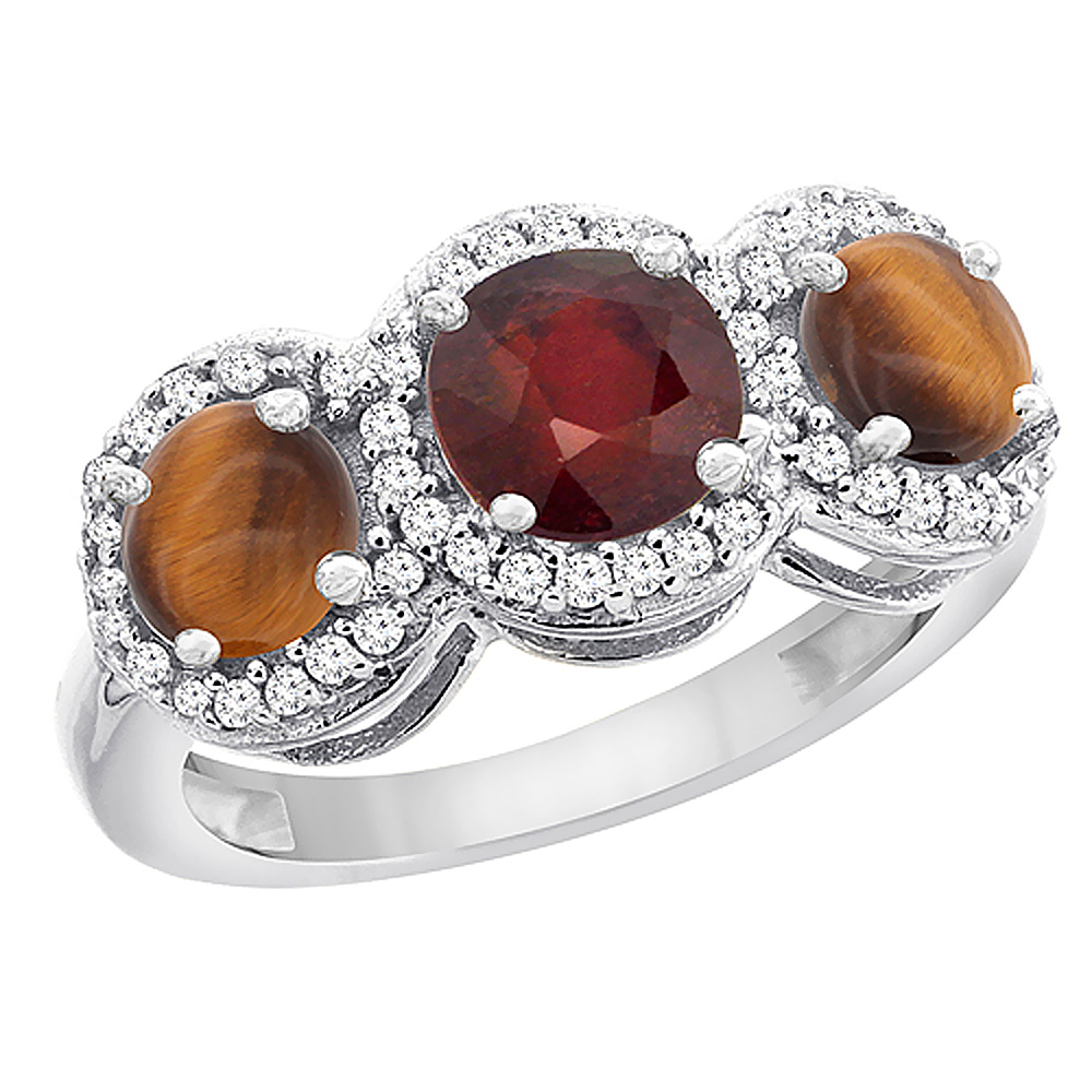14K White Gold Enhanced Ruby &amp; Tiger Eye Sides Round 3-stone Ring Diamond Accents, sizes 5 - 10