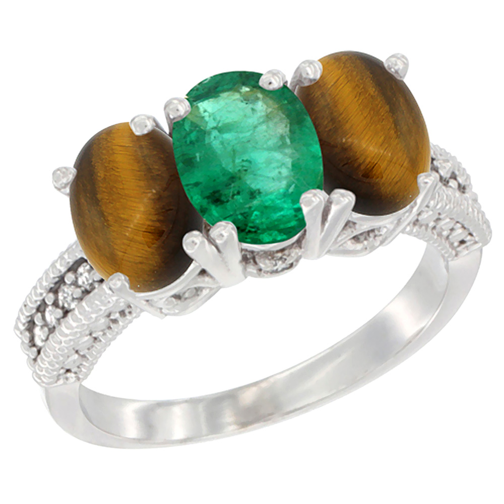 14K White Gold Natural Emerald &amp; Tiger Eye Sides Ring 3-Stone 7x5 mm Oval Diamond Accent, sizes 5 - 10
