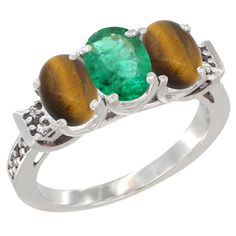14K White Gold Natural Emerald & Tiger Eye Sides Ring 3-Stone Oval 7x5 mm Diamond Accent, sizes 5 - 10
