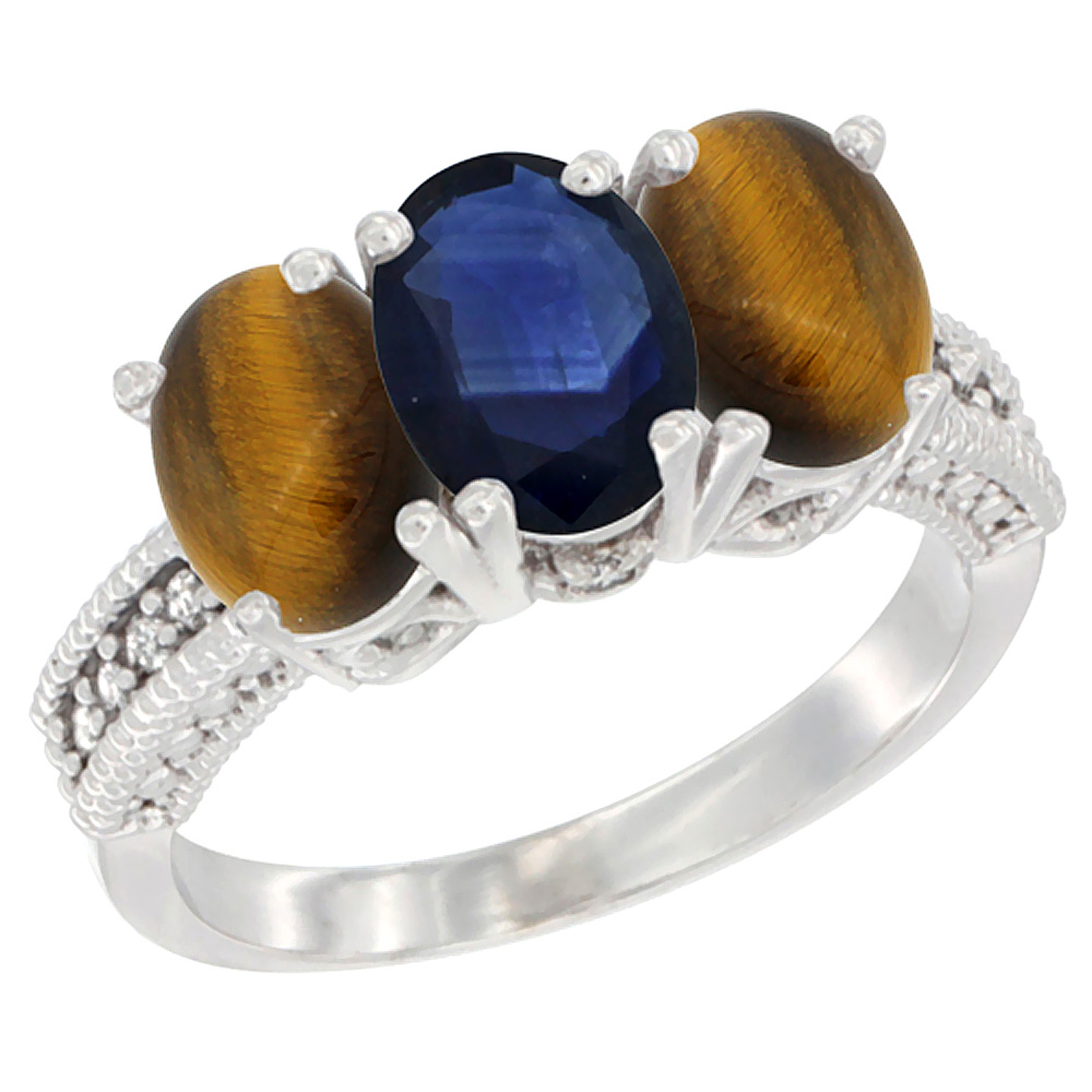 14K White Gold Natural Blue Sapphire &amp; Tiger Eye Sides Ring 3-Stone 7x5 mm Oval Diamond Accent, sizes 5 - 10