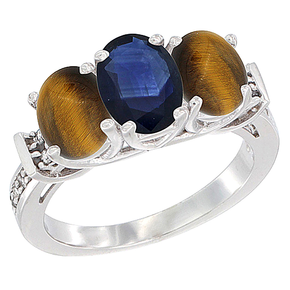 14K White Gold Natural Blue Sapphire &amp; Tiger Eye Sides Ring 3-Stone Oval Diamond Accent, sizes 5 - 10