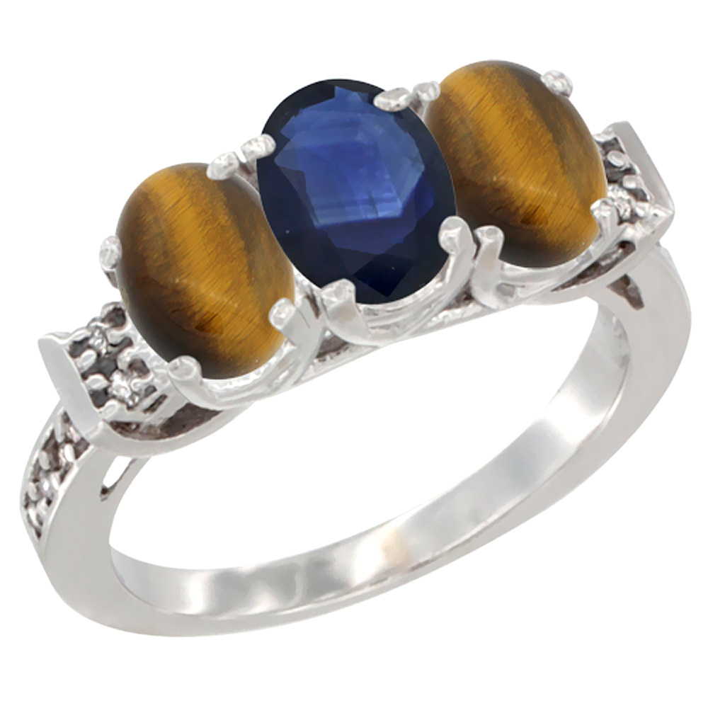 10K White Gold Natural Blue Sapphire & Tiger Eye Sides Ring 3-Stone Oval 7x5 mm Diamond Accent, sizes 5 - 10