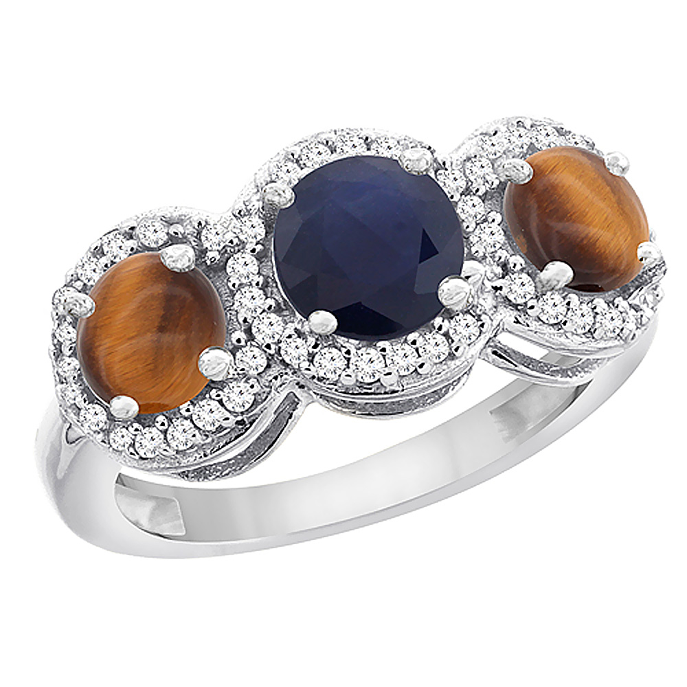 14K White Gold Natural High Quality Blue Sapphire &amp; Tiger Eye Sides Round 3-stone Ring Diamond Accents, sizes 5 - 10