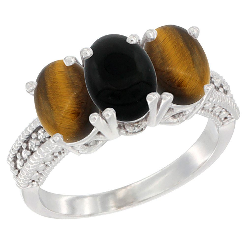 10K White Gold Diamond Natural Black Onyx &amp; Tiger Eye Ring 3-Stone 7x5 mm Oval, sizes 5 - 10