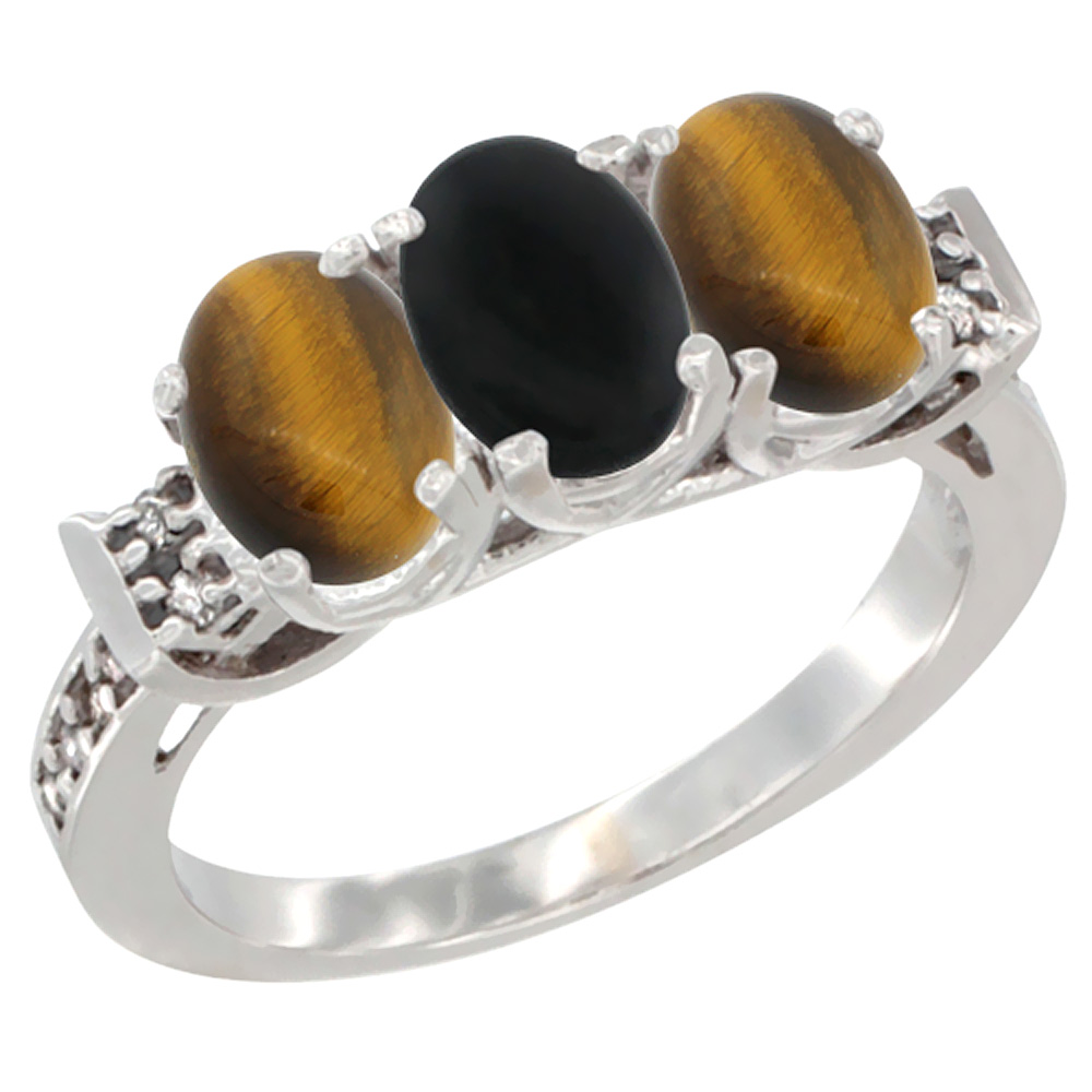 14K White Gold Natural Black Onyx &amp; Tiger Eye Sides Ring 3-Stone Oval 7x5 mm Diamond Accent, sizes 5 - 10