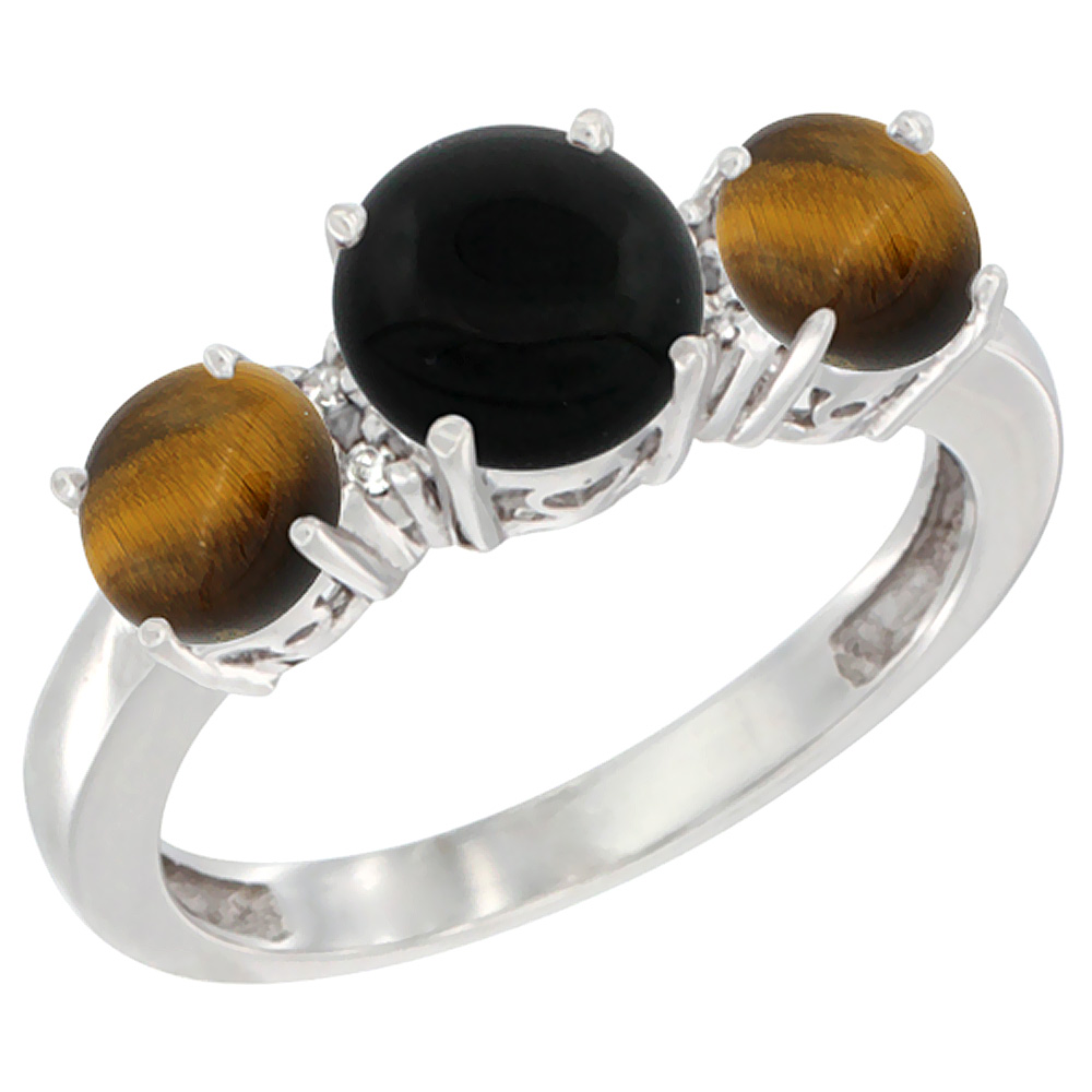 10K White Gold Round 3-Stone Natural Black Onyx Ring & Tiger Eye Sides Diamond Accent, sizes 5 - 10