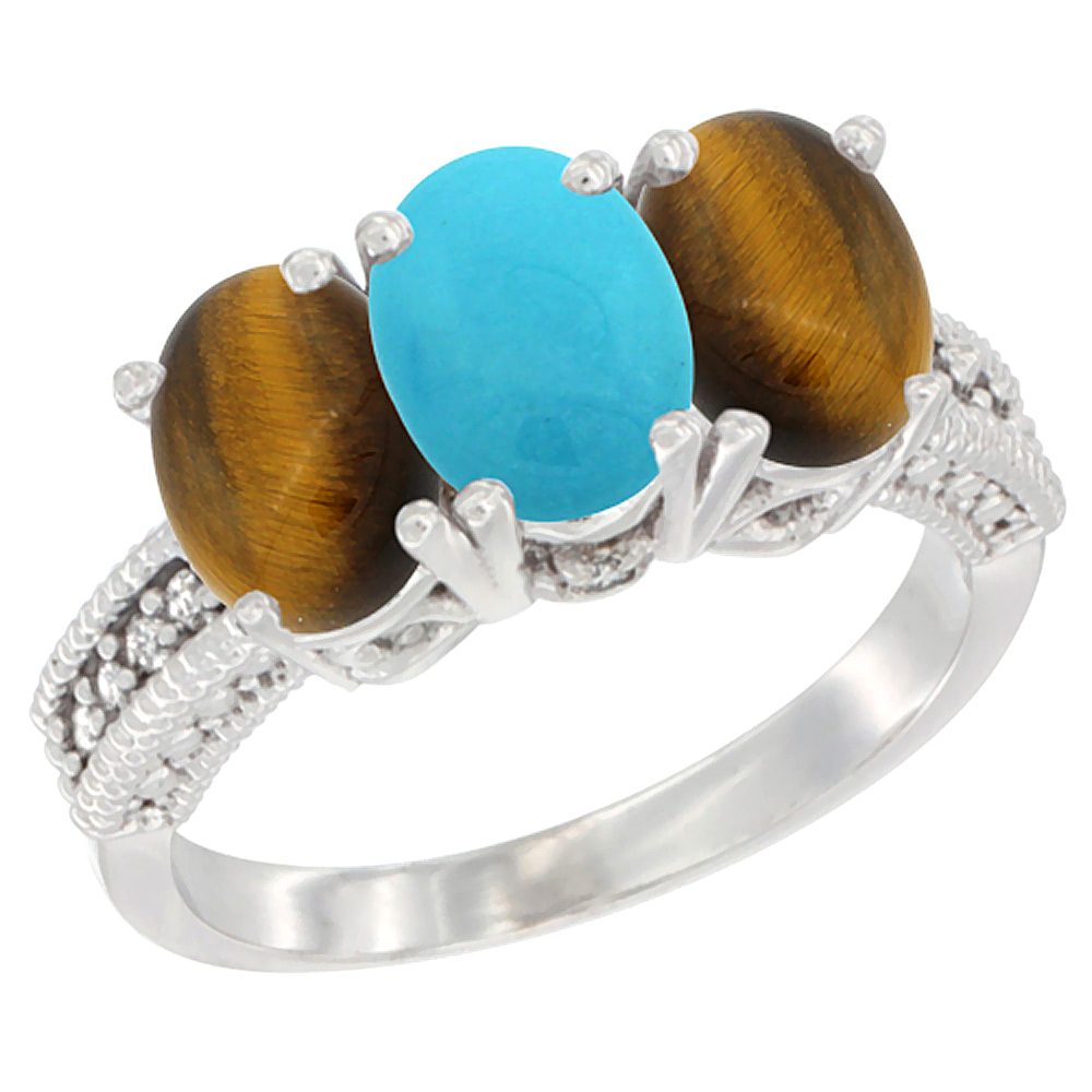 14K White Gold Natural Turquoise &amp; Tiger Eye Sides Ring 3-Stone 7x5 mm Oval Diamond Accent, sizes 5 - 10