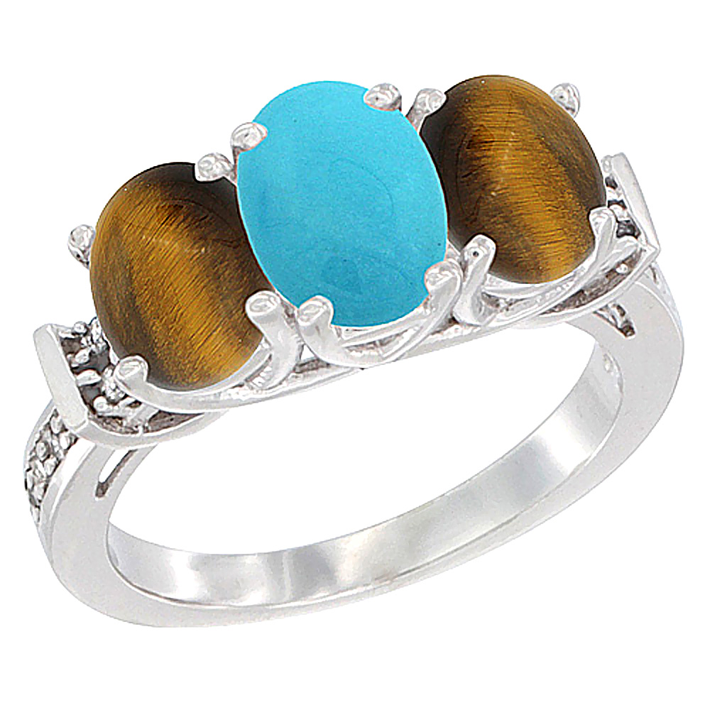 14K White Gold Natural Turquoise &amp; Tiger Eye Sides Ring 3-Stone Oval Diamond Accent, sizes 5 - 10