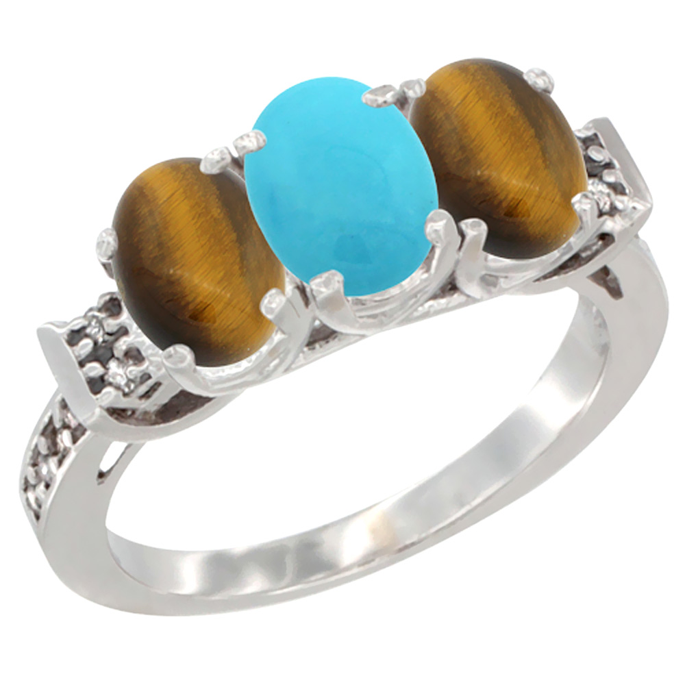 10K White Gold Natural Turquoise & Tiger Eye Sides Ring 3-Stone Oval 7x5 mm Diamond Accent, sizes 5 - 10