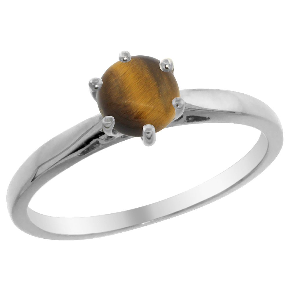 14K White Gold Natural Tiger Eye Solitaire Ring Round 5mm, sizes 5 - 10