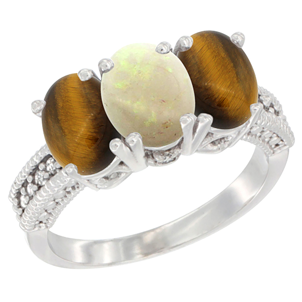 14K White Gold Natural Opal &amp; Tiger Eye Sides Ring 3-Stone 7x5 mm Oval Diamond Accent, sizes 5 - 10