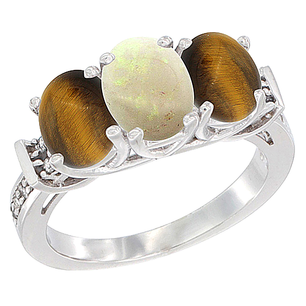 14K White Gold Natural Opal &amp; Tiger Eye Sides Ring 3-Stone Oval Diamond Accent, sizes 5 - 10