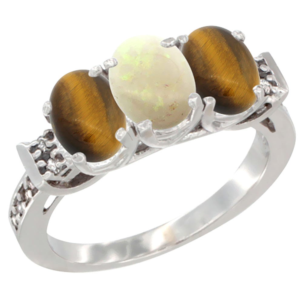 14K White Gold Natural Opal &amp; Tiger Eye Sides Ring 3-Stone Oval 7x5 mm Diamond Accent, sizes 5 - 10