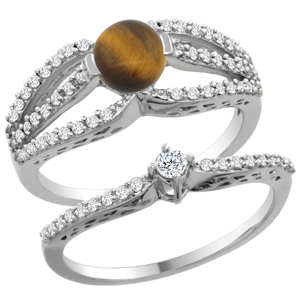 14K White Gold Natural Tiger Eye 2-piece Engagement Ring Set Round 5mm, sizes 5 - 10